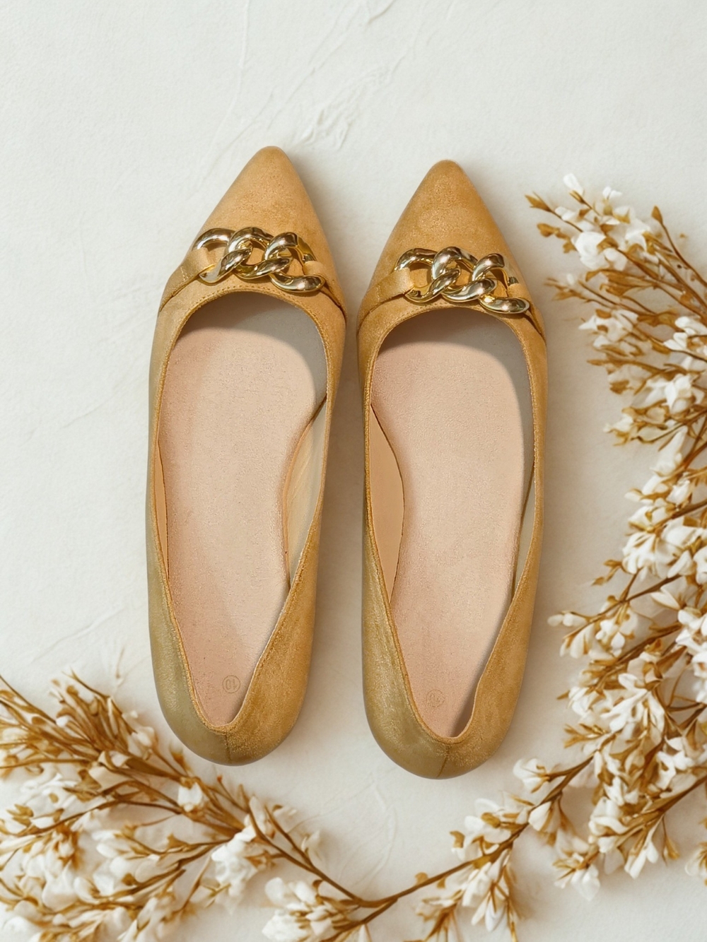 Women's Pointed Toe Faux Suede Flats With Gold Chain Accent